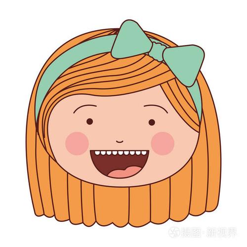 颜色剪影微笑表达卡通人脸正面女孩与金黄色的头发和弓蕾丝短