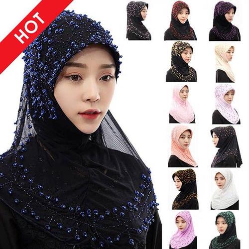 新款时尚穆斯林女头巾纯手工满天星方便套头盖头回族礼拜围巾