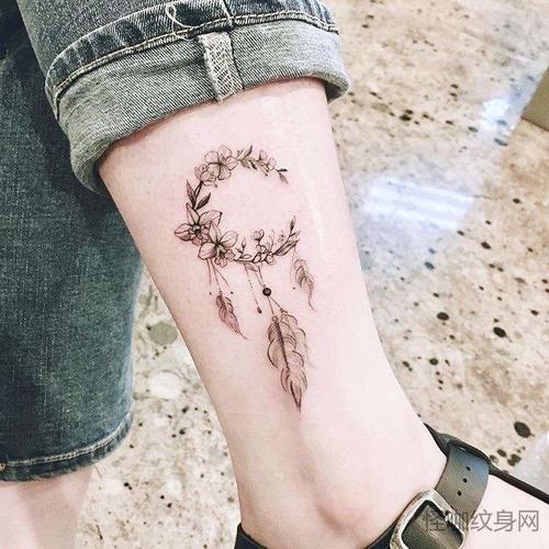 小清新小腿花卉捕梦网纹身图案