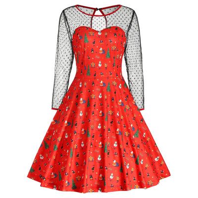 ebay速卖通欧美圣诞节女装 网纱拼接圣诞元素图案印花女装连衣裙