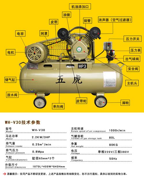 新款五虎活塞式空压机 wh-v30可移动活塞式空压机 机油润滑空压机