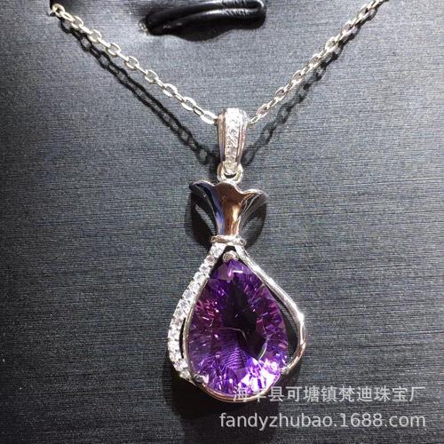 梵迪珠宝 巴西紫水晶吊坠 巴西千禧切面紫晶项链925银