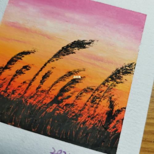 新手油画棒【黄昏芦苇】_油画_油画棒画_文化_绘画