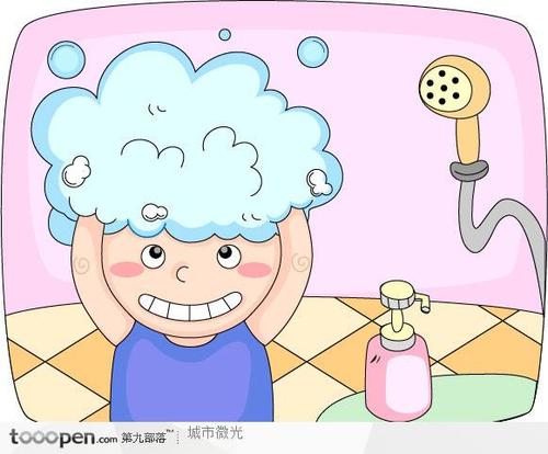 儿童生活插画-洗头发的卡通小男孩