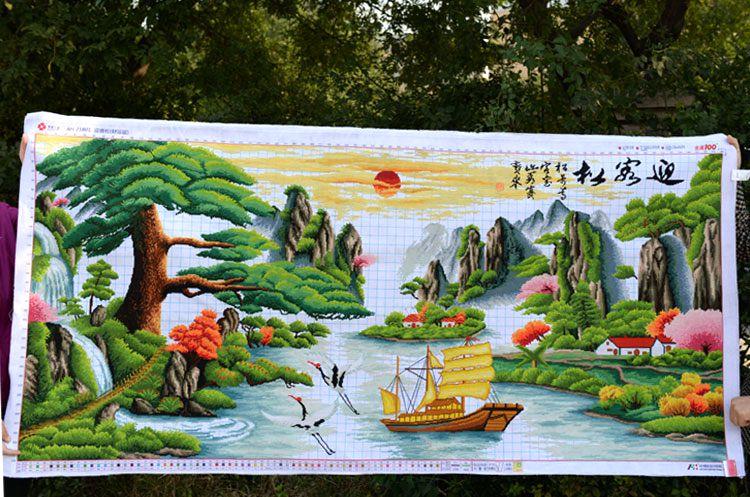 纯手工十字绣成品迎客松财运版客厅新款大幅全景装饰画正品包邮