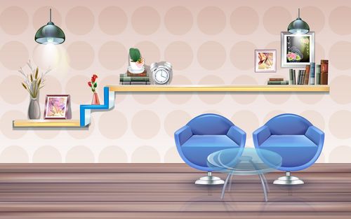 个桌面上有书架,有电脑桌 有窗户,柜子,蜘蛛网,k线图等的win7桌面壁纸