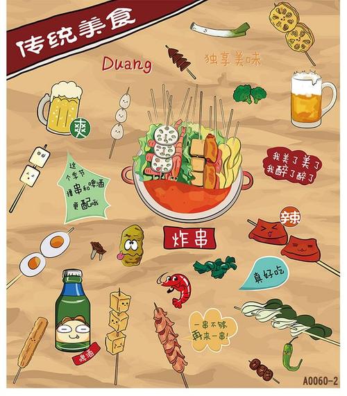 手绘卡通传统中式美食冒菜火锅店墙纸串串香麻辣烫小吃餐厅壁纸-淘宝