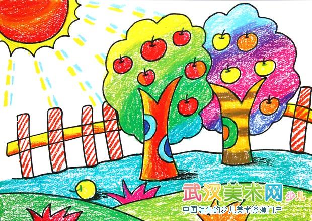 儿童绘画-儿童油画棒作品-漂亮的果园