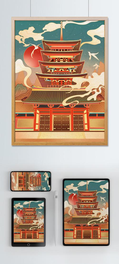 中国风线性描边长安风光古建筑插画