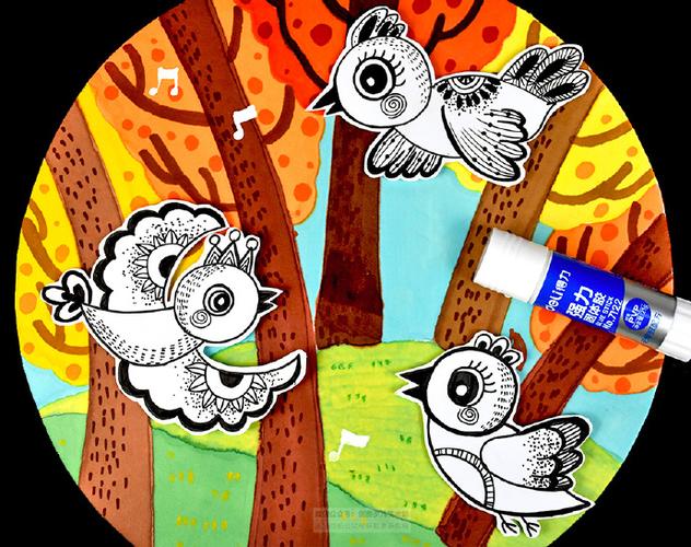 儿童画教程|秋日树林中的小鸟儿童画超话儿童画素材超话#创意儿童画