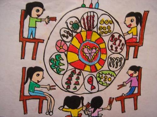 温馨的家庭聚餐蜡笔画家庭聚餐