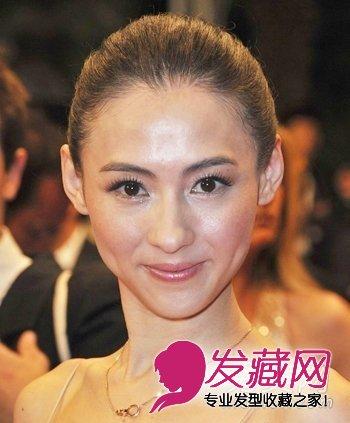 张柏芝的小v脸是这款发型的点睛之笔,紧贴头皮的盘发张柏芝 低发髻走