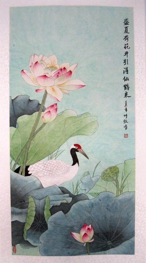 荷花鹤雏图尺寸65*130 2012年4月二次仿周中耀荷花仙鹤图