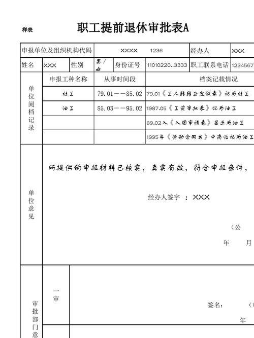 职工提前退休审批表a(样表)