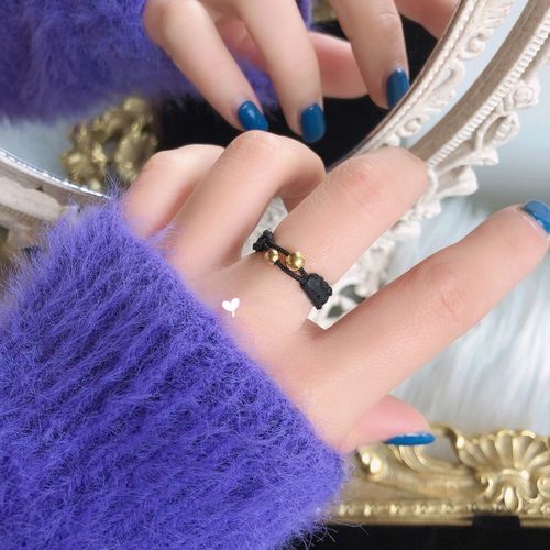 千弗 戒指女金豆豆转运珠编织小金珠指环金999抖音网红同款戒子 黑绳