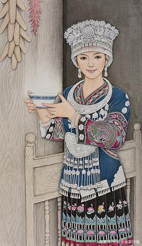 用中国工笔画描绘西方女性,通过线描造型,墨色晕染,将结构凹凸变化