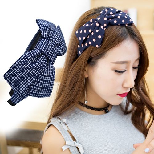 韩国发箍布艺大蝴蝶结宽边带齿压发防滑头箍甜美格子发卡条纹头饰