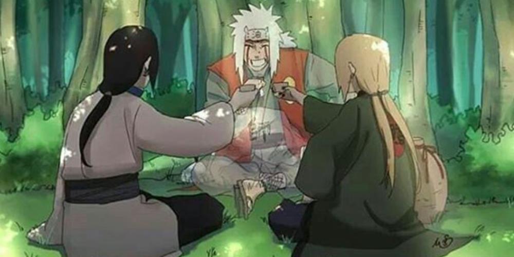 纲手拉着大蛇丸去祭拜自来也,还带来了自来也最喜欢的