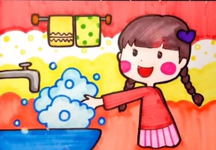 这样一幅关于"防疫情 勤洗手"的儿童画就画好啦 绘画小贴士:小朋友们
