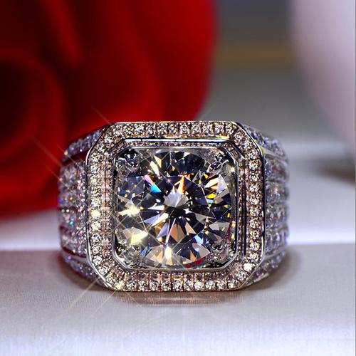 购客男士 仿真钻戒大5克拉戒指豪华结婚订婚纯银18k白金莫桑裸钻石男
