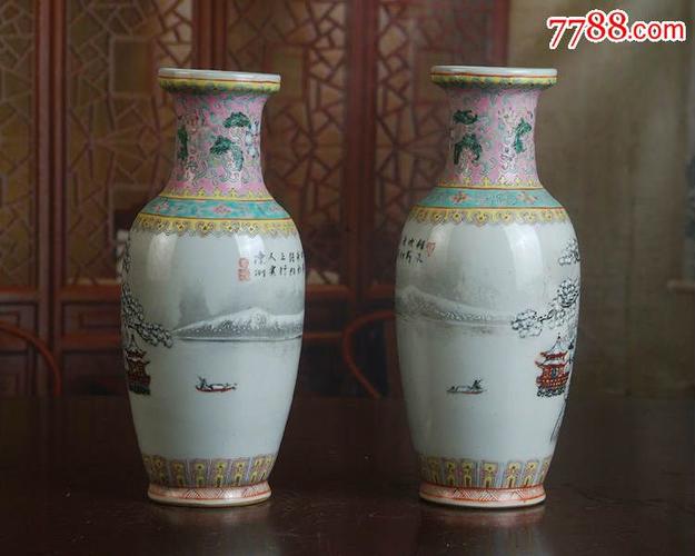 景德镇/文革瓷器/收藏/全手工彩绘红西莲边脚雪景图花篮瓶一对