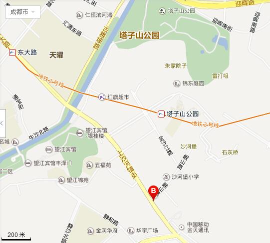 可以坐地铁2号线,在塔子山公园站下车,在下图b的位置,但还要再走一段