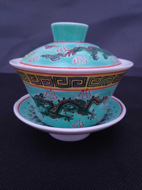 景德镇十大瓷厂文革陶瓷老厂粉彩手绘双龙戏珠盖碗