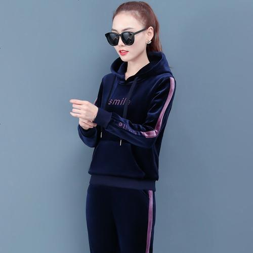 锋非凡品牌金丝绒休闲运动套装女秋冬2020新款加绒加厚卫衣两件套三
