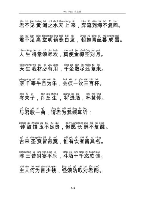乐府诗将进酒拼音及翻译整理