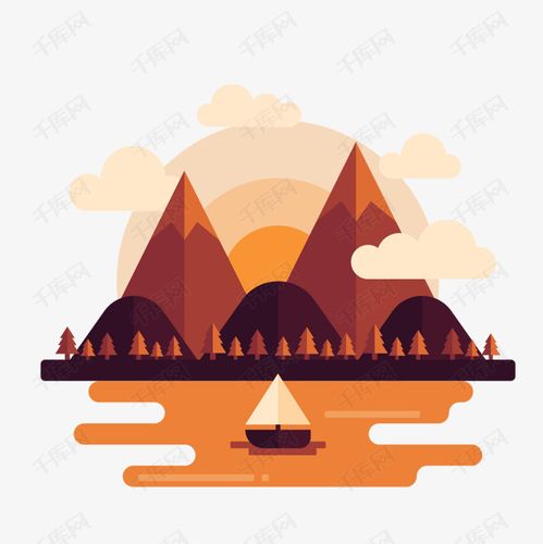 创意山与河流风景矢量的素材免抠创意山河风景矢量图船只郊外