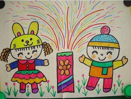 庆元旦迎新年儿童画图片_女孩放鞭炮