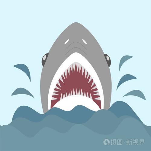 鲨鱼与开口和锋利的牙齿在平坦的卡通风格的矢量图