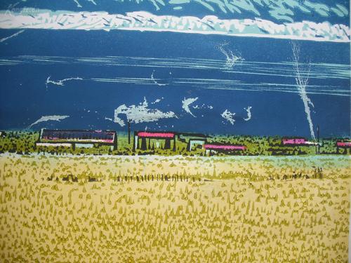 【夏花绚烂】 著名版画家 孟*宪华 套色木刻版画 《香薰青海湖》 41x