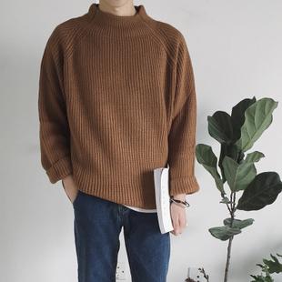文艺简约宽大毛线衣男日系青年半高领针织宽松大袖口套头毛衣外套