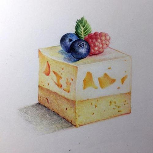 这个作品适合初学者练习体积塑造,方块蛋糕,彩铅手绘