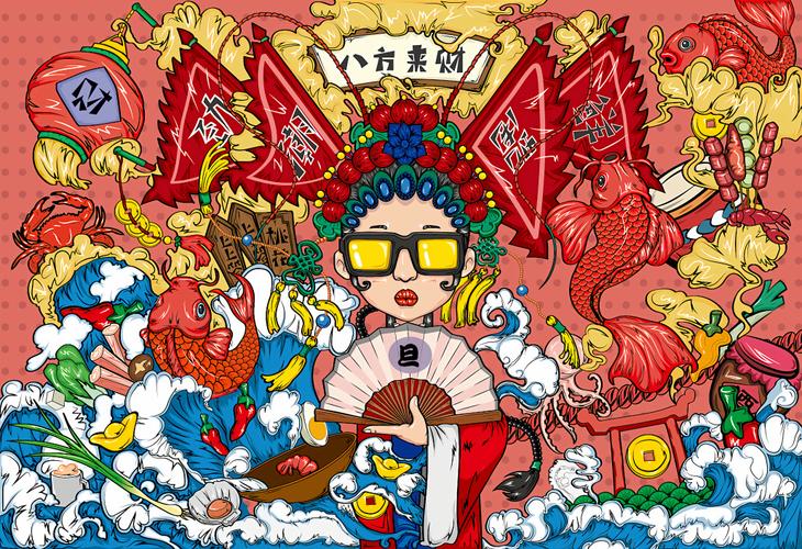 国潮风麻将馆棋牌室装饰壁纸财神发财火锅店壁画港式奶茶背景墙纸