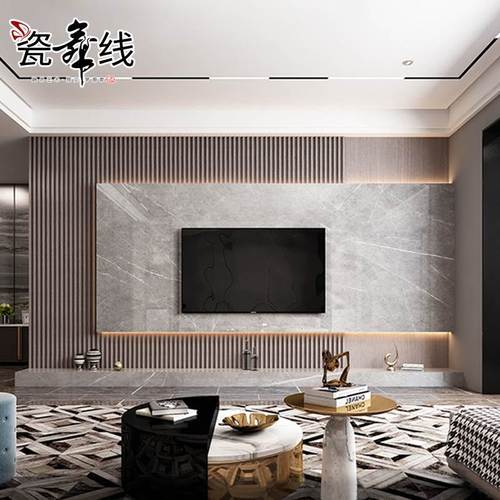 悬空电视背景墙现代简约客厅装饰实木格栅轻奢风大理石瓷砖影视墙