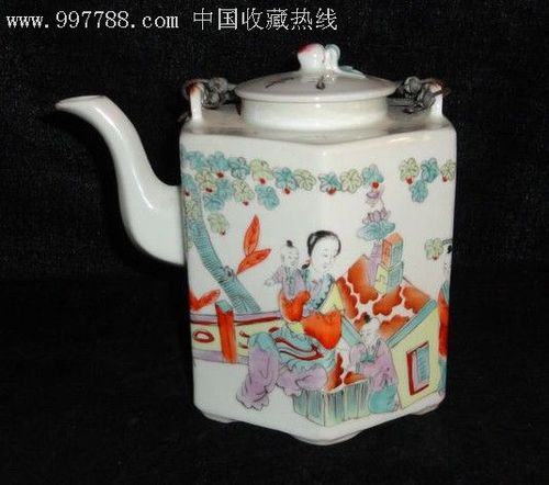 景德镇文革厂货陶瓷粉彩绿美人带子六方提梁茶壶