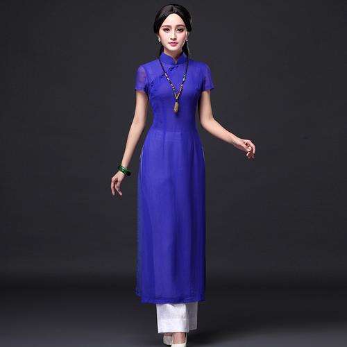 原创旗袍 越南奥黛新款夏装高端真丝桑蚕丝长款旗袍飘逸修身
