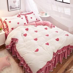 冬季床上珊瑚绒4四件套简约床单双面水晶毛绒法兰绒公主风床裙式