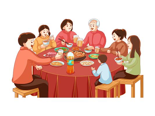 彩色喜庆卡通手绘除夕新年春节一家人团圆年夜饭元素png素材
