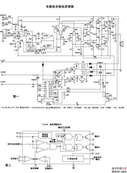 和外围的电阻,电容一起构成了低通放大电路,从而得到了增强的低音