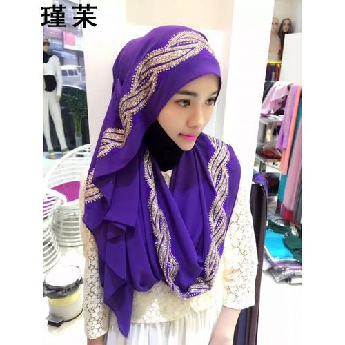 瑾苿穆斯林头巾珍珠雪纺面料烫钻长巾女纱巾回族民族风盖头