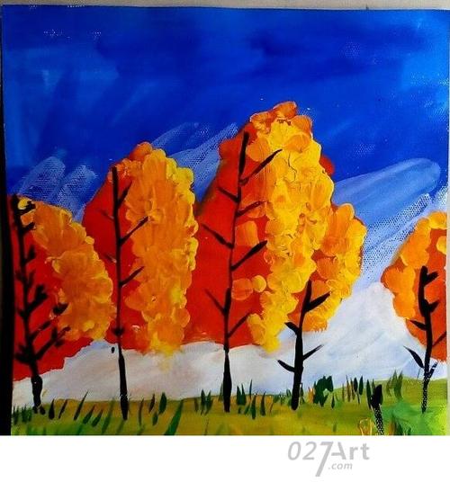 儿童画秋天的景色落叶水彩画