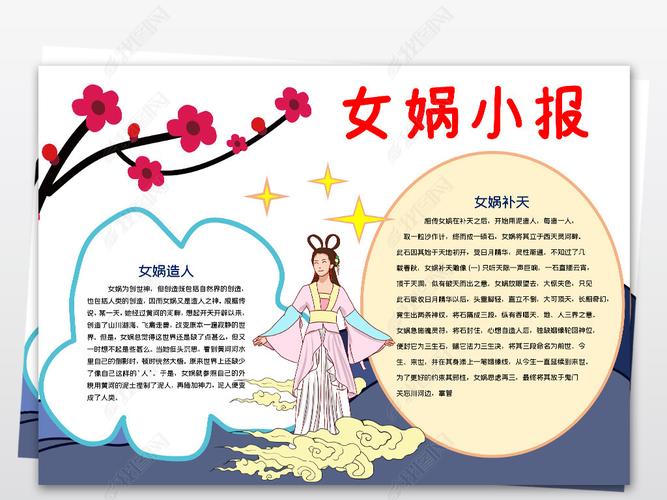 原创女娲小报模板补天造人神话线描手抄报素材版权可商用