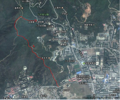 我的八大处公园外爬山线路.打叉处为虎头山最高处.