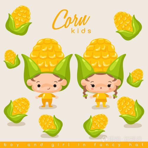 男孩和女孩佩带玉米帽子