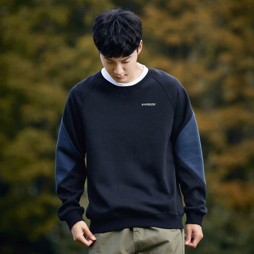 拓路者纯棉加绒卫衣2021秋冬新款撞色拼接男士打底衫加厚宽松上衣