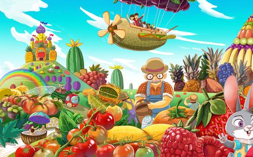 去年为客户设计的品牌插画,主要描绘的一副缤纷绚丽的水果王国