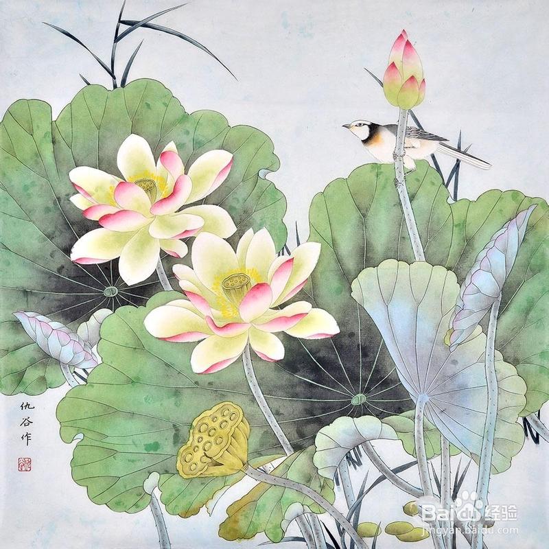 欣赏:仇谷四尺斗方花鸟画荷花水鸟《和美如意》